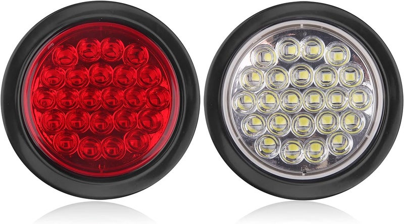 Partswcgg 4Pcs 4 Inch Round Led Stop Turn Tail Brake Backup Reverse Lights 24 LED Waterproof 4 Inch Round LED Trailer Tail Lights for Trucks RV W/Lights Grommets 3-Prong Trailer Wire Pigtails 12V (2Red+2White) - Image 2
